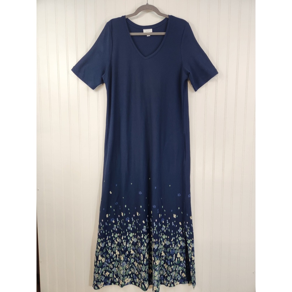 Pure J. Jill Navy Floral Print V-Neck Maxi Dress Cotton Modal Tall M Pockets